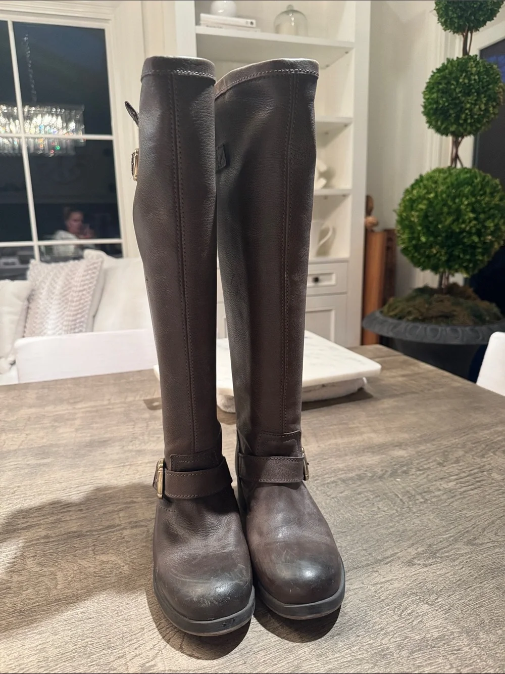 Steve Madden Tall Brown Leather Riding Boots with Purple Back Zippers